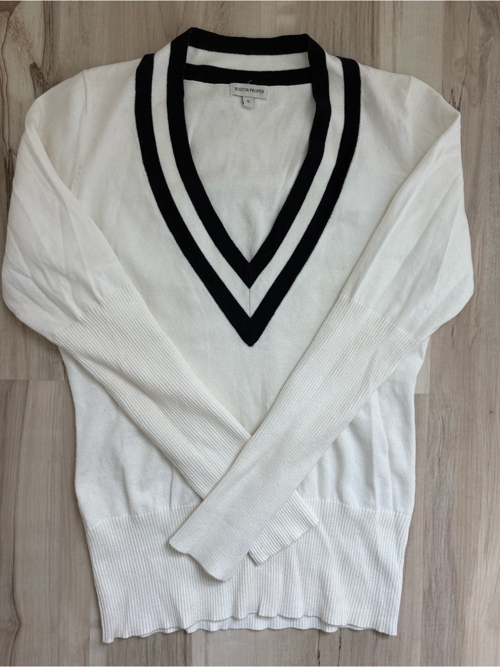 Boston Proper White V-Neck Sweater with Black Trim